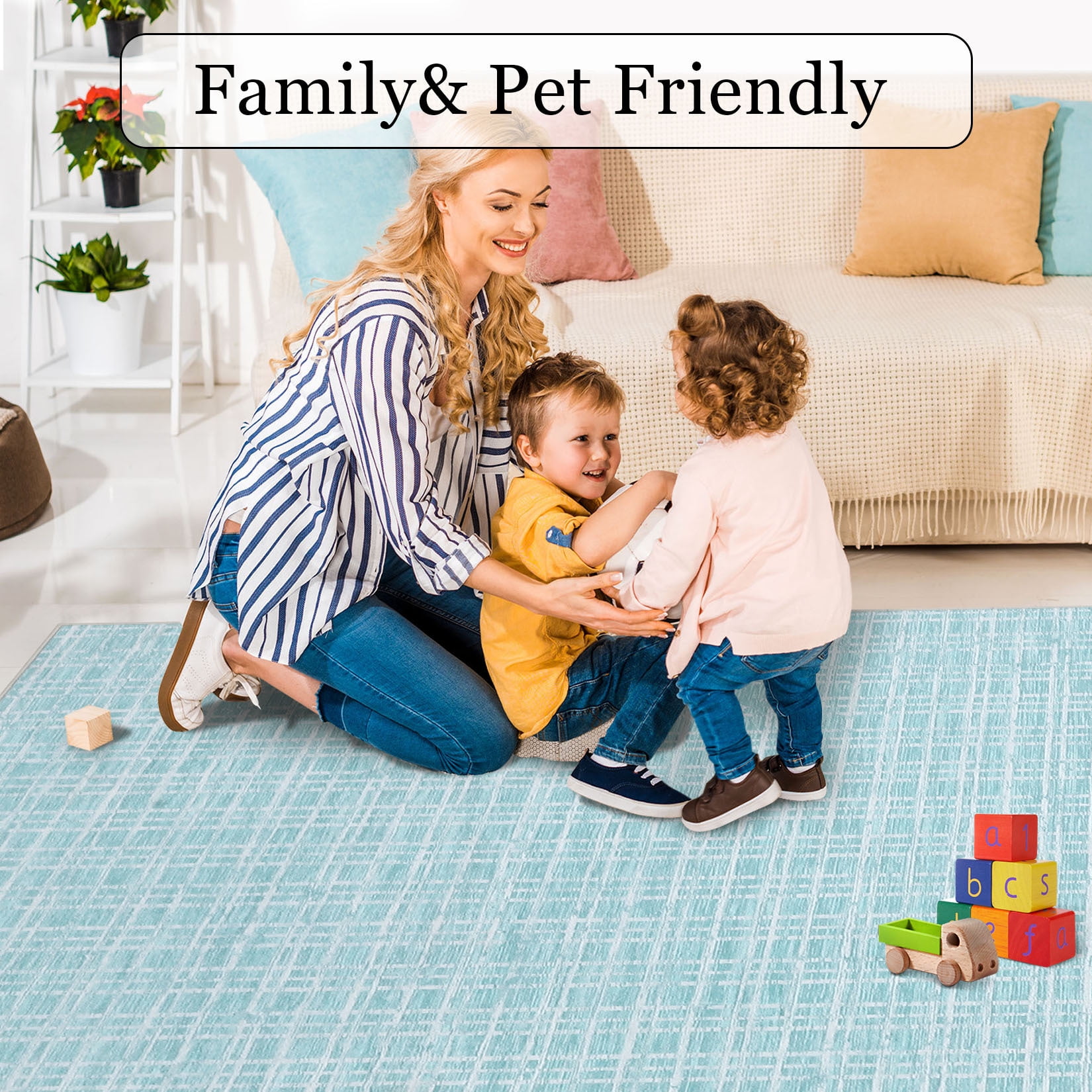 Aoile 5' x 7' Washable Area Rug, Modern Plaid Rug, Soft Faux Wool Rug Non-slip Low Pile Accent Small Rug for Bathroom Bedroom Kitchen Laundry, Mint