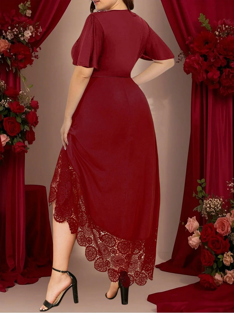 LapaPlus Womens Cocktail Party Dresses Mesh Lace Short Sleeve Lace-up  Irregular Plus Size Formal Dresses with Pockets - Walmart.com
