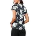 thumbnail image 3 of Blusas de trabajo de satén INSPIRE CHIC para mujeres, blusa casual de negocios con mangas de capucha, floral, vintage, talla XS, azul oscuro, 3 of 6