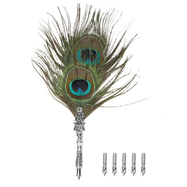 Greensen Stylo Plume Trempé Rétro en Métal Style Paon pour Film de Mode Stylo-Plume Trempé + 5 Pcs Plume