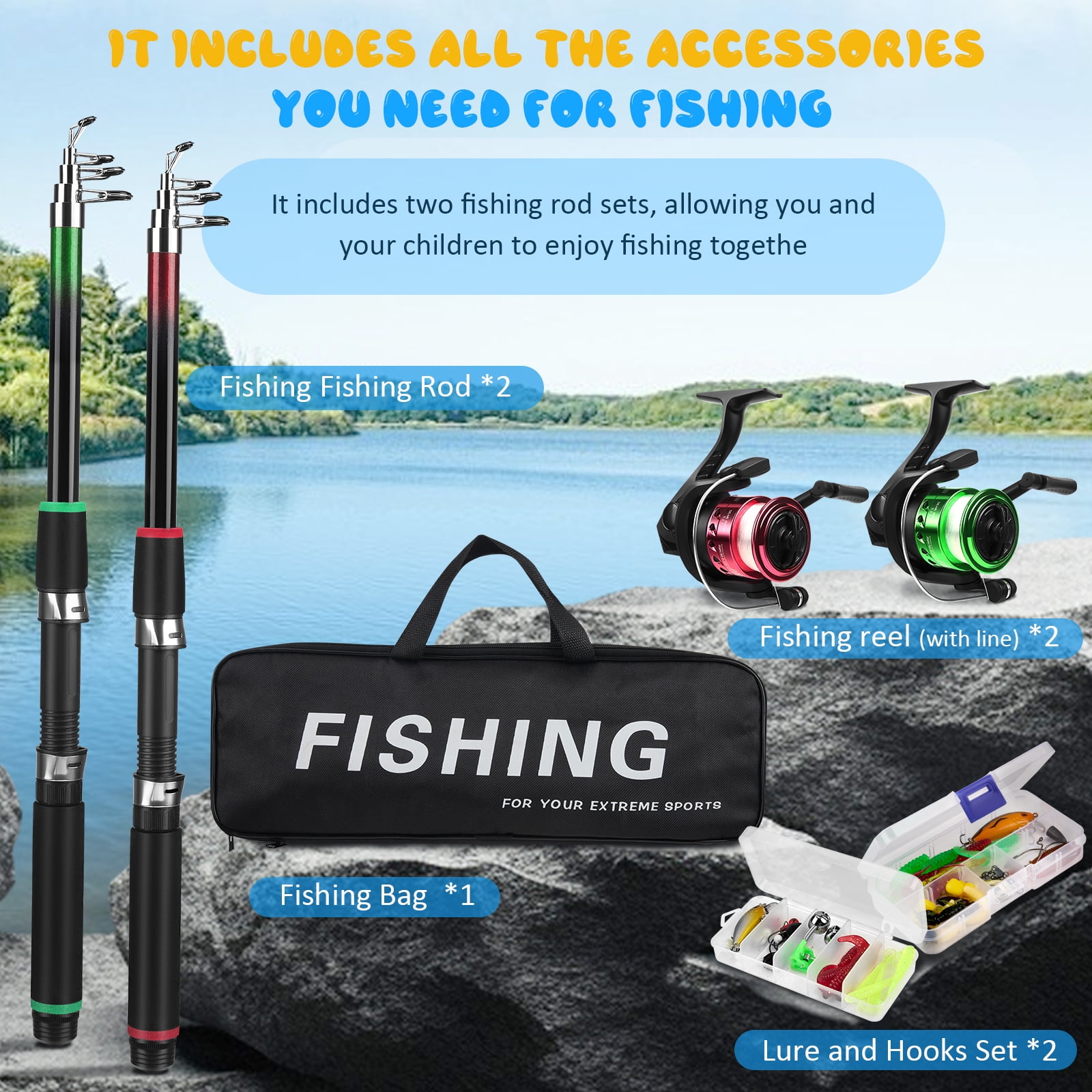 YTAKY Kids Fishing Pole, 75 pcs lure set, Reel Combo Full Kit 3.9ft & 4.9ft Telescopic Casting Rod Pole with Spincast Reel and Hooks Lures Swivels Carry Bag