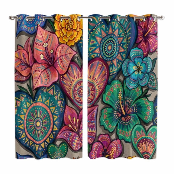 Colorful Abstract Floral Kitchen Curtains Window Panels, Farmhouse Vintage Flowers Boho Insulated Window Treatment Curtain, Grommet Curtains for Bedroom/Living Room/Bathroom, 2 Piece 52"Wx84"L