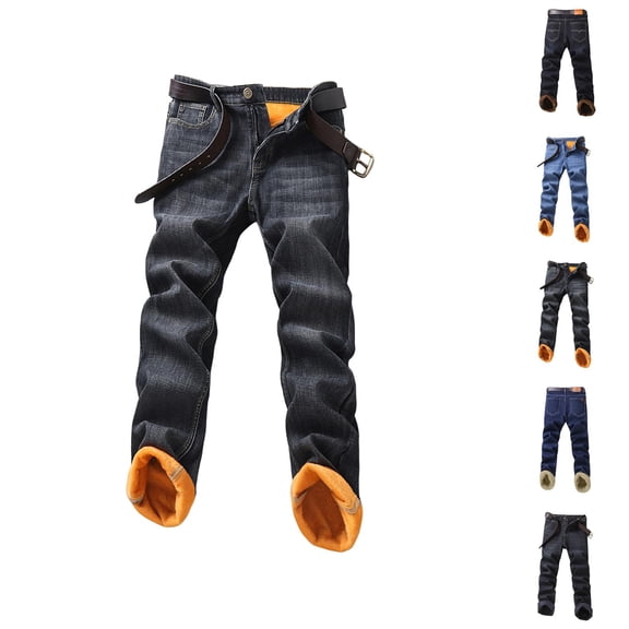 Mens Lined Jeans 2026 Fall Winter Thick Straight Leg Business Casual Jean Pants Denim Pants Trousers with Pockets