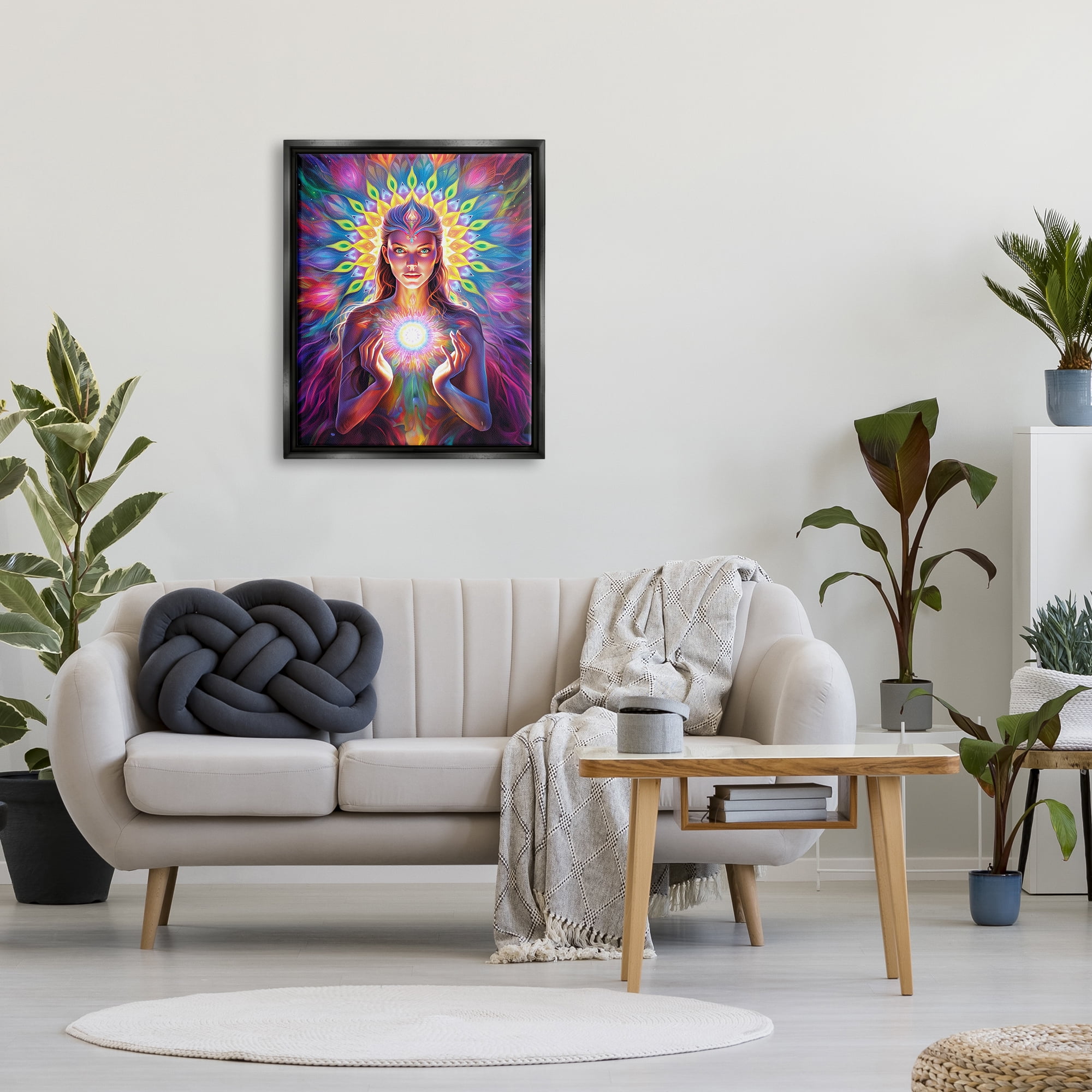 Stupell Industries Girl with Abstract Fractals Abstract Painting Black Floater Framed Canvas Art Print Wall Art, 25 x 31