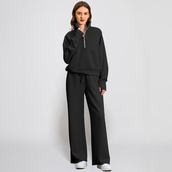 Huankd Womens 2 Piece Outfits Sweatsuit Set Oversized Half Zip Sweatshirt Wide Leg Sweatpants Lounge Set Tracksuit Black XL
