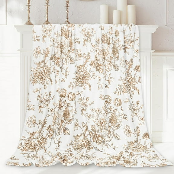 Floral Fuzzy Blanket Tan Flower Throw Blanket Vintage Chinoiserie Soft Cozy Flannel Blanket for Home Bed Sofa Couch Chair, 50 x 60 Inch