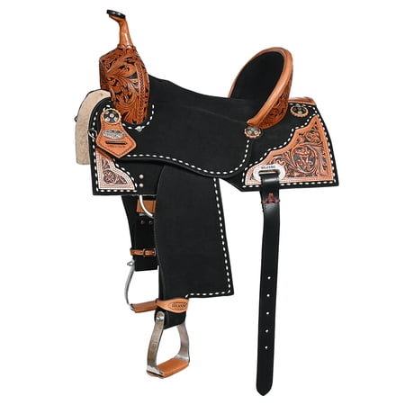 16 In Hilason Western Horse Barrel Flex Tree Trail American Leather Saddle Black Gorgeous Floral Hand Tooled & Carved