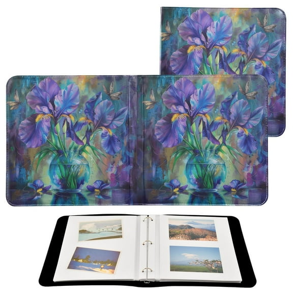 Leather Cover Photo Album 80 Pockets 4x6 Photos Bookshelf Picture Album Irises Flower in Vase