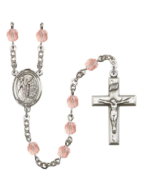 Fiacre Rosary with 6mm Zircon Color Fire Polished Beads and 1 3/8 x 3/4 inch Crucifix St Gift Boxed Fiacre Center Silver Finish St
