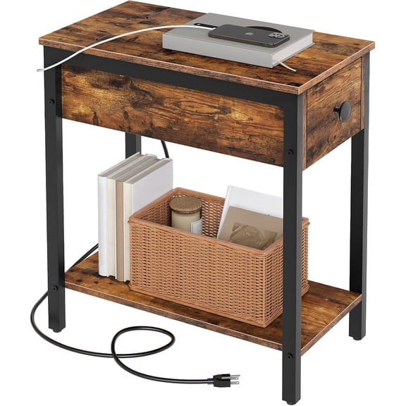 End Table with Charging Station, Narrow Side Table, Small Nightstand, Bedside Tables with Drawer and Storage Shelves, for Small Spaces, Living Room, Bedroom, Rustic Brown and Black