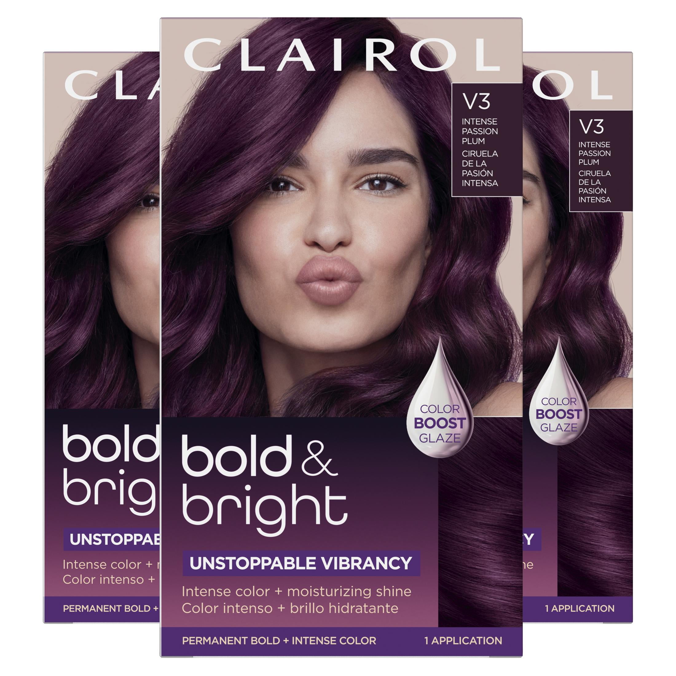 Clairol Bold & Bright Permanent Hair Color Creme, V3 Intense Passion Plum, Hair Dye, 1 Application