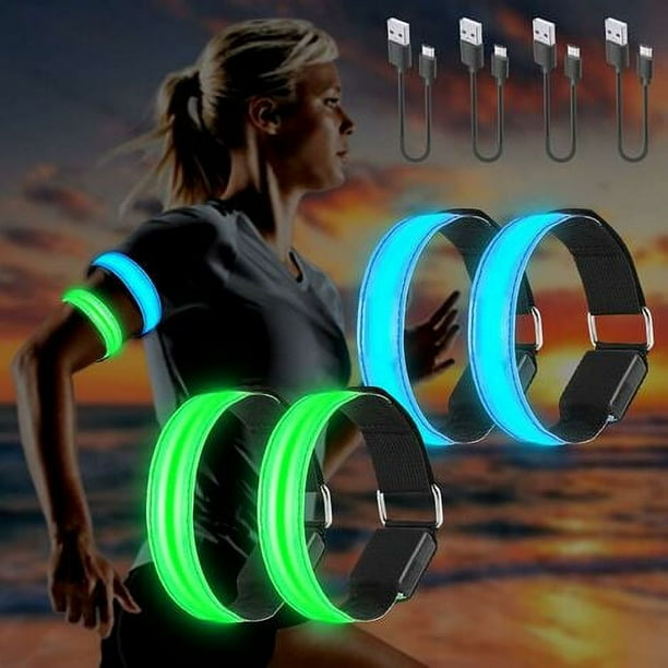 Brazalete con luz LED recargable por USB, 4 unidades, brazalete reflectante LED para correr, pulsera de luz LED de seguridad con tira intermitente ajustable para brazo, muñeca, tobillo y