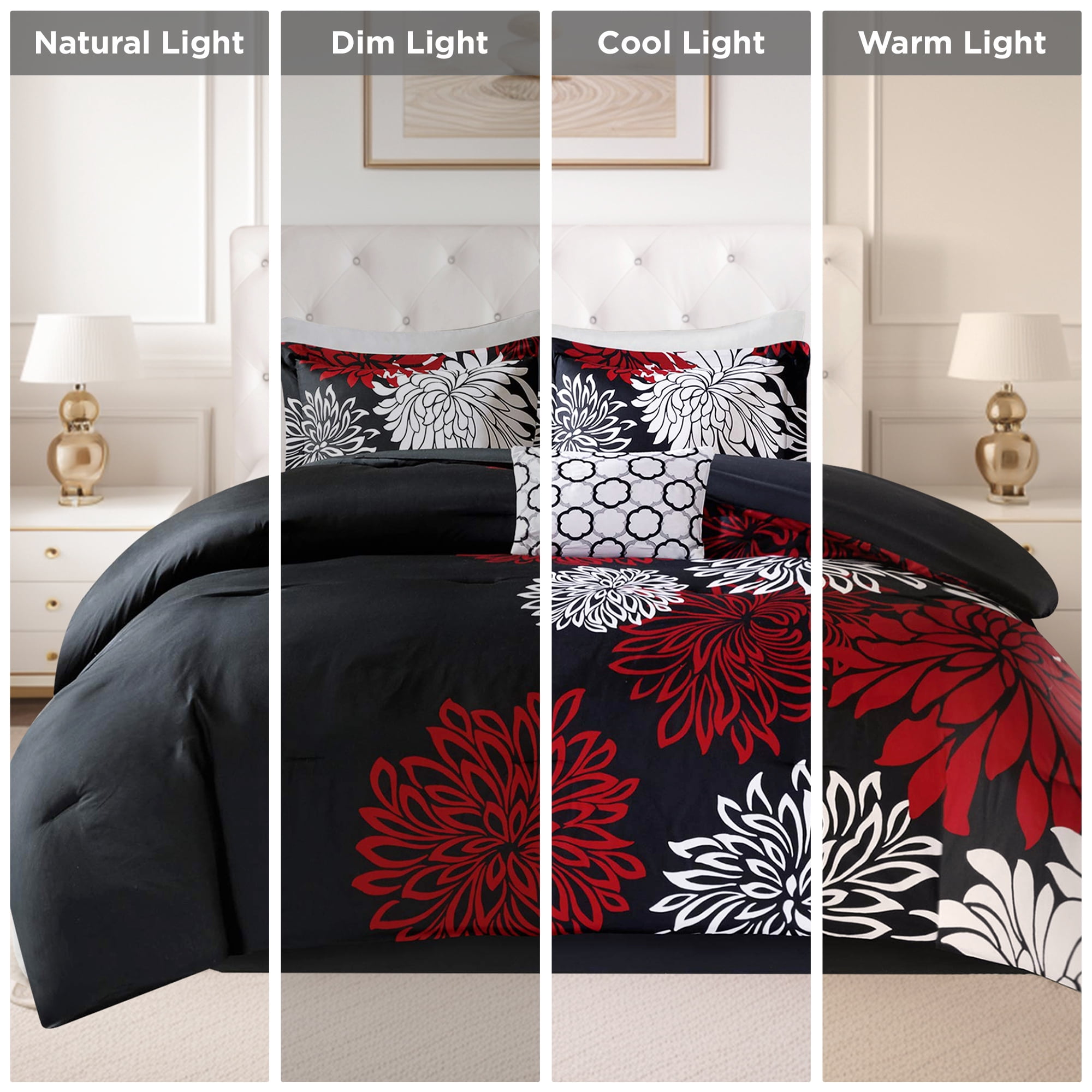 Comfort Spaces Queen Size Comforter Set, 5-Piece Floral Bedding Set for All Season, Red/Black Queen Comforter Set with Bed Skirt