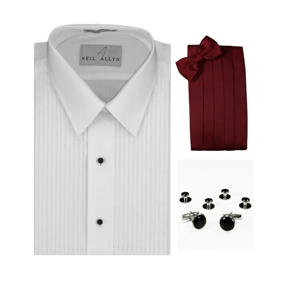 Lay-Down Collar Tuxedo Shirt, Burgundy Cummerbund, Bow-Tie, Cuff Links & Studs Set
