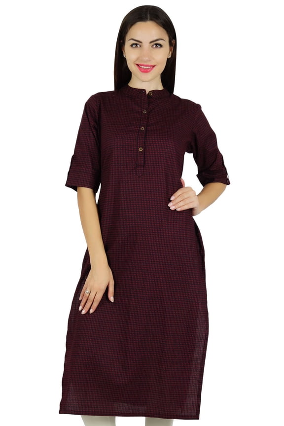 Womens Casual Cotton Kurti 3/4 Sleeve Formal Kurta Straight Tunic Blouse