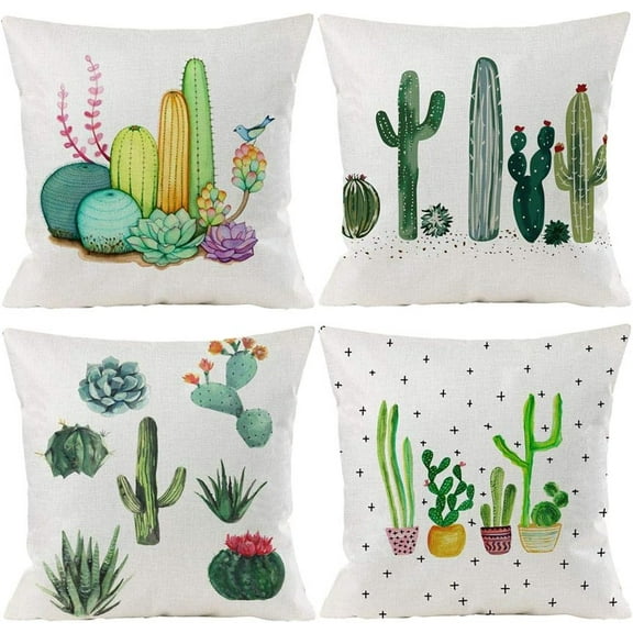 Summer Tropical Cactus Floral Decorative Throw Pillow Covers 18 x 18 inch Set of 4 Green Plants Flower Cotton Linen Burlap Square Outdoor Cushion Cover Pillow Case for Couch Car Sofa Bed Decor