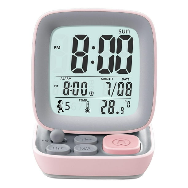 Reloj despertador digital con pantalla LED y temporizador de repetición con calendario de fecha Tipo de batería rosa