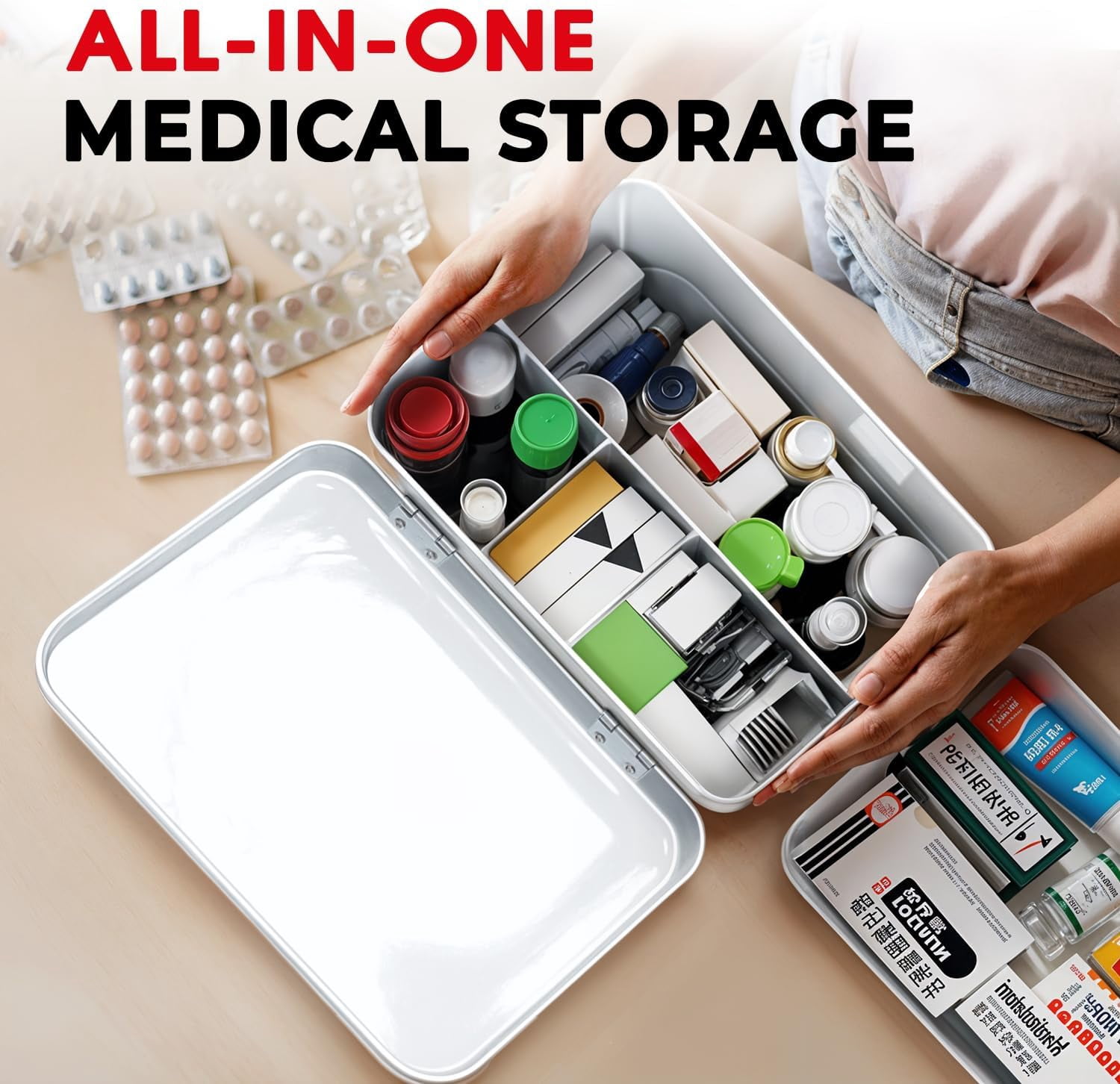 Plexon First Aid Kit, First Aid Supplies Bin, 8.5" Metal Medicine Storage Tin with Lid, First Aid Box Organizer, White