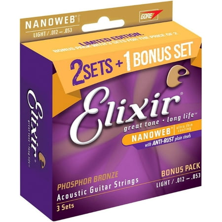 Rare Phosphor Bronze Acoustic Guitar - Elixir Acoustic Phosphor Bronze Guitar Strings with NANOWEB - Bonus Pack, Light, 12-53