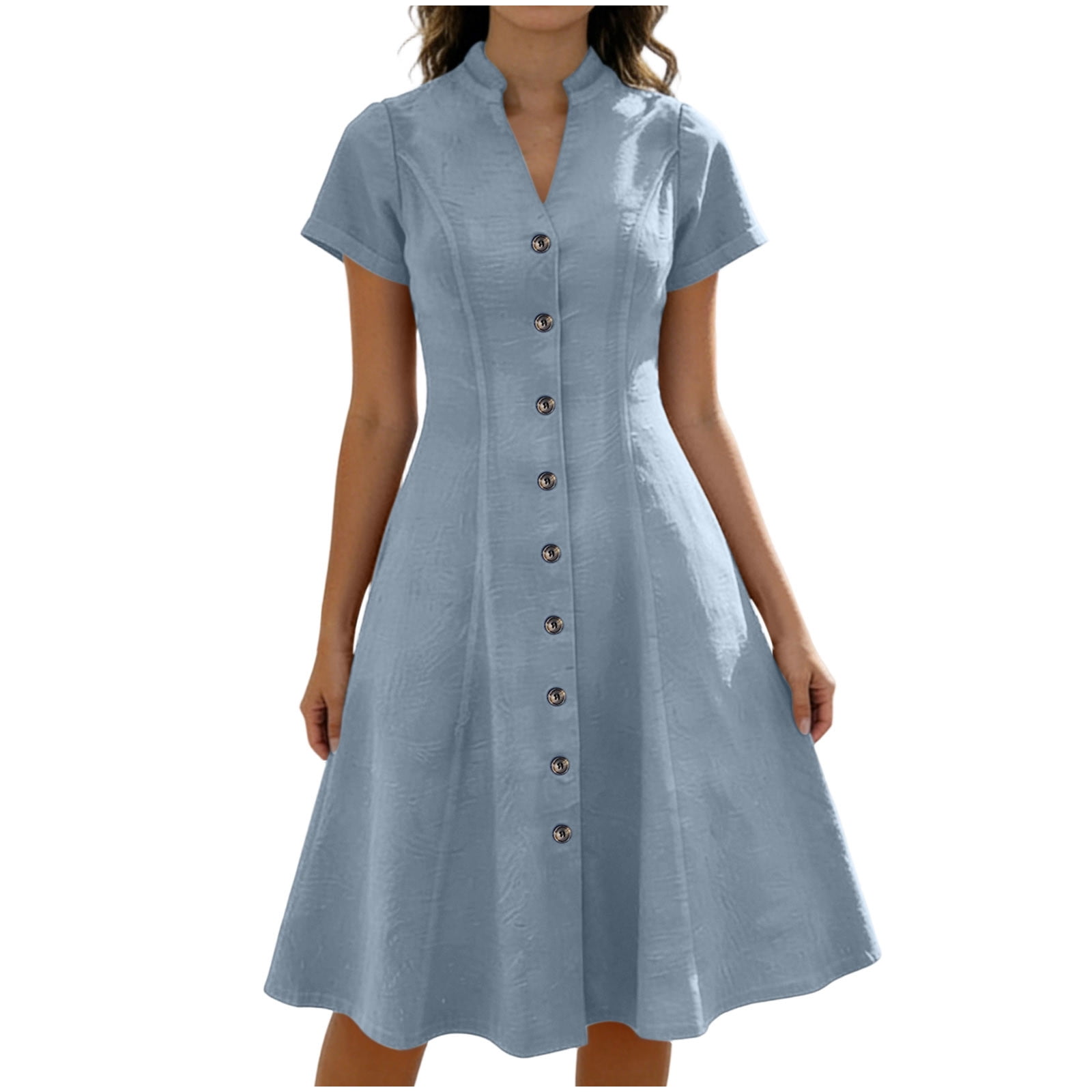 Fewfanhot Dresses for Women Elegant Classy Summer Fit and Flare Swing Cotton Dress Casual V-Neck Button Down Beach Midi Dress
