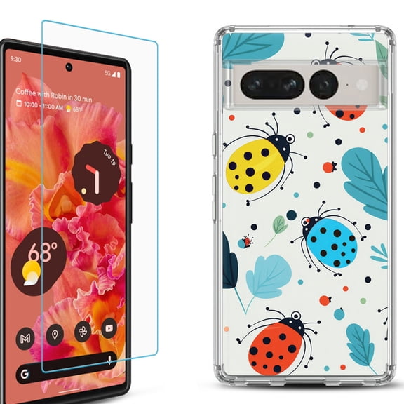 Shockproof Bumper Phone Case for Google Pixel 7, with Tempered Glass Screen Protector, by OneToughShield ® - Ladybug Mix