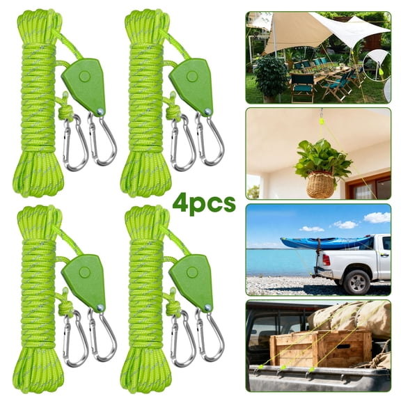 4pcs 13ft Tent Cords with Carabine Hooks, EEEkit Outdoor Camping Guylines Ropes, Green 150lbs