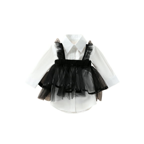 Bagilaanoe 2Pcs Toddler Baby Girls Dress Set White Long Sleeve Shirt Tops   Sleeveless High Waist Yarn Dresses 1T 2T 3T 4T 5T 6T Kids Casual Outfits