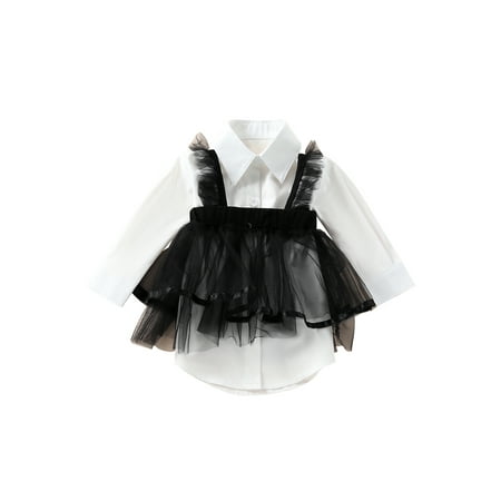 

JBEELATE 1-6Y Fashion Kids Girls 2pcs Dress Outwear Long Sleeve Button-down Collared Shirt Dress+Lace Mesh Vest Tops