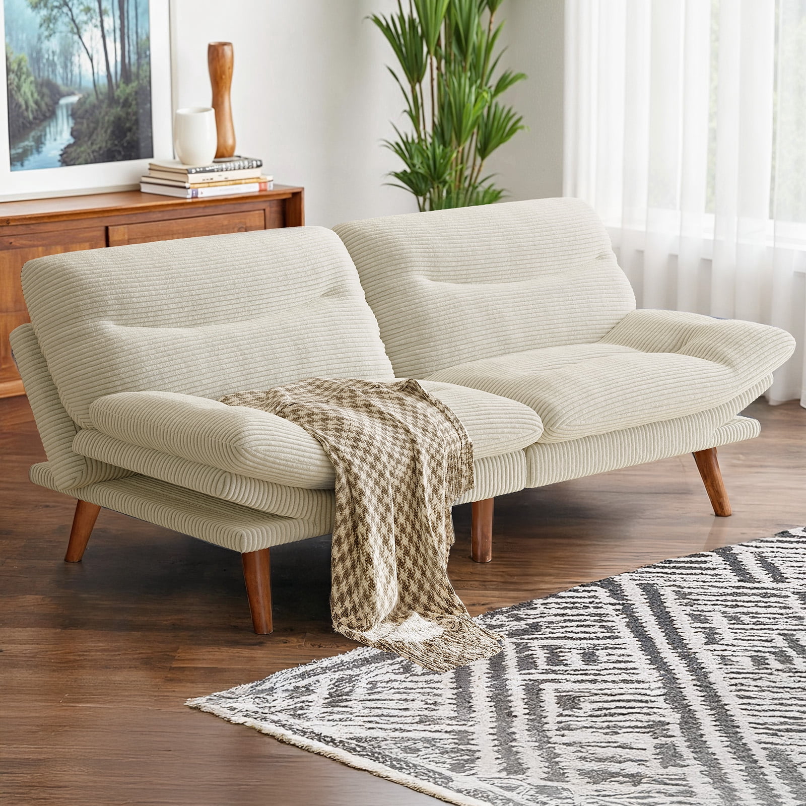 CHITOOMA 66" Futon Sofa Bed with Adjustable Backrest and 6-Level Armrests, White Corduroy Convertible Futon Couch, Comfy Loveseat for Small Spaces, Apartment or Office