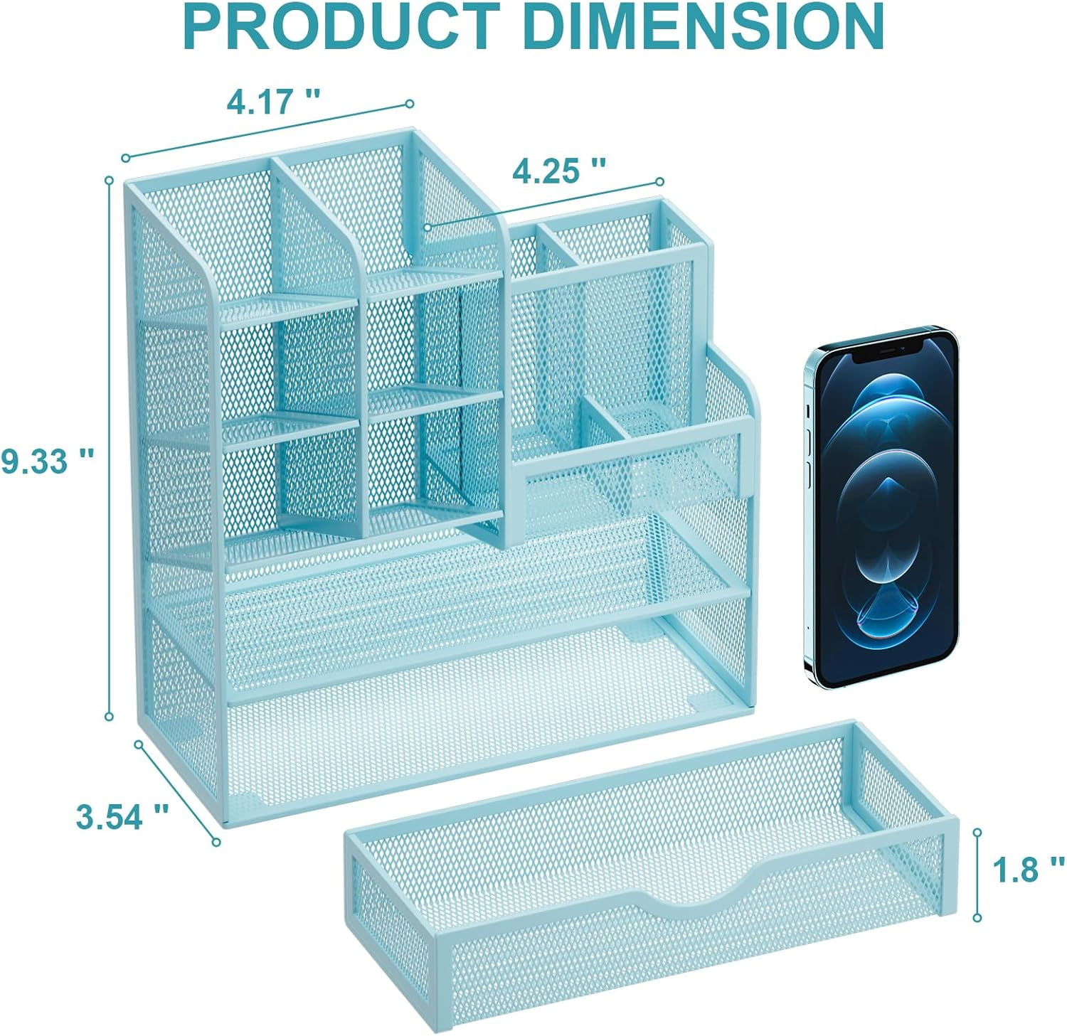 Mesh Pen Holder for Desk, Multi-Functional Pencil Organizer with Drawer, Desk Organizers and Accessories for Office Art Supplies (Blue)