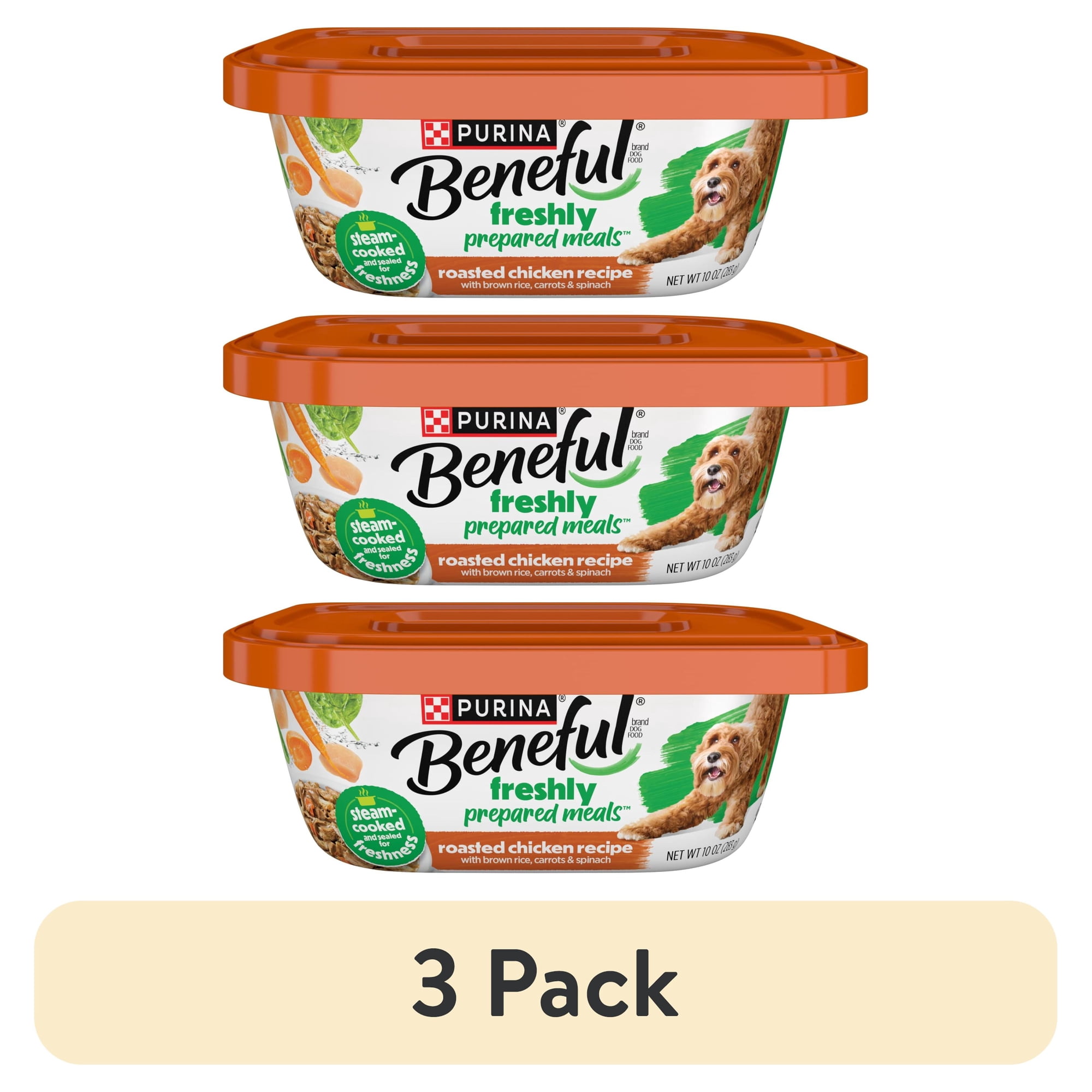 (3 pack) Purina Beneful Dog Food Freshly Prepared Meals Wet Dog Food Roasted Chicken Recipe With Brown Rice, Carrots and Spinach, 10 oz.