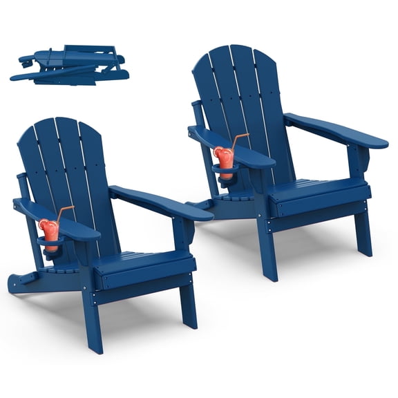 Hidpriva Outdoor Folding Adirondack Chair with Cup Holder, HDPE Weather Resistant Fire Pit Chair, Blue(Set of 2)