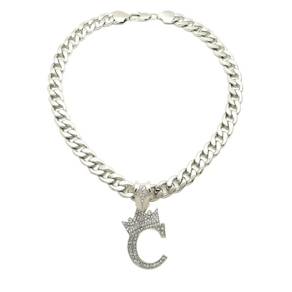 iJewelry2 Kings and Queens Crowned Initial Letter C Crystals Pendant Silver-tone Cuban Linked Chain Necklace