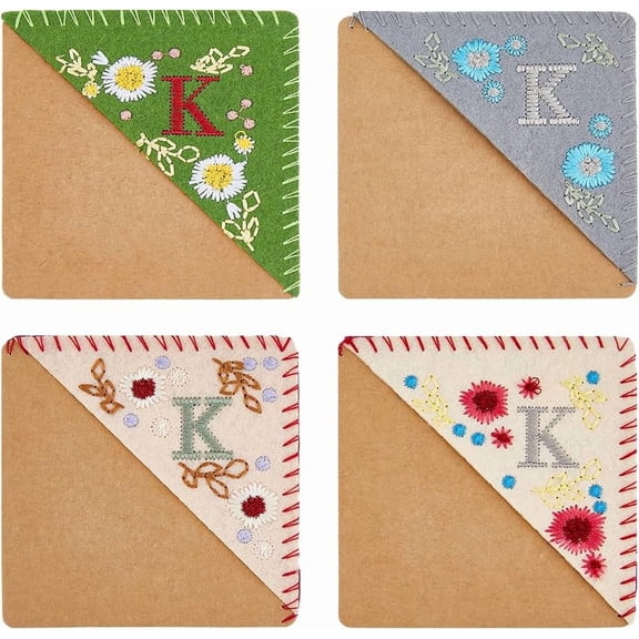 1bag 4 Styles Hand Embroidered Corner Bookmark Letter K Bookmark Cute Flower Bookmarks Felt Triangle Page Stitched Book Accessories for Women Men Book Lovers Readers Teachers