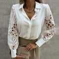 thumbnail image 2 of Yyeselk Crochet Eyelet Patchwork Blouses Casual Lapel Collar Sexy V-Neck Long Sleeves Tunic Tops Trendy Pure Color Button up Shirts for Work White S, 2 of 9