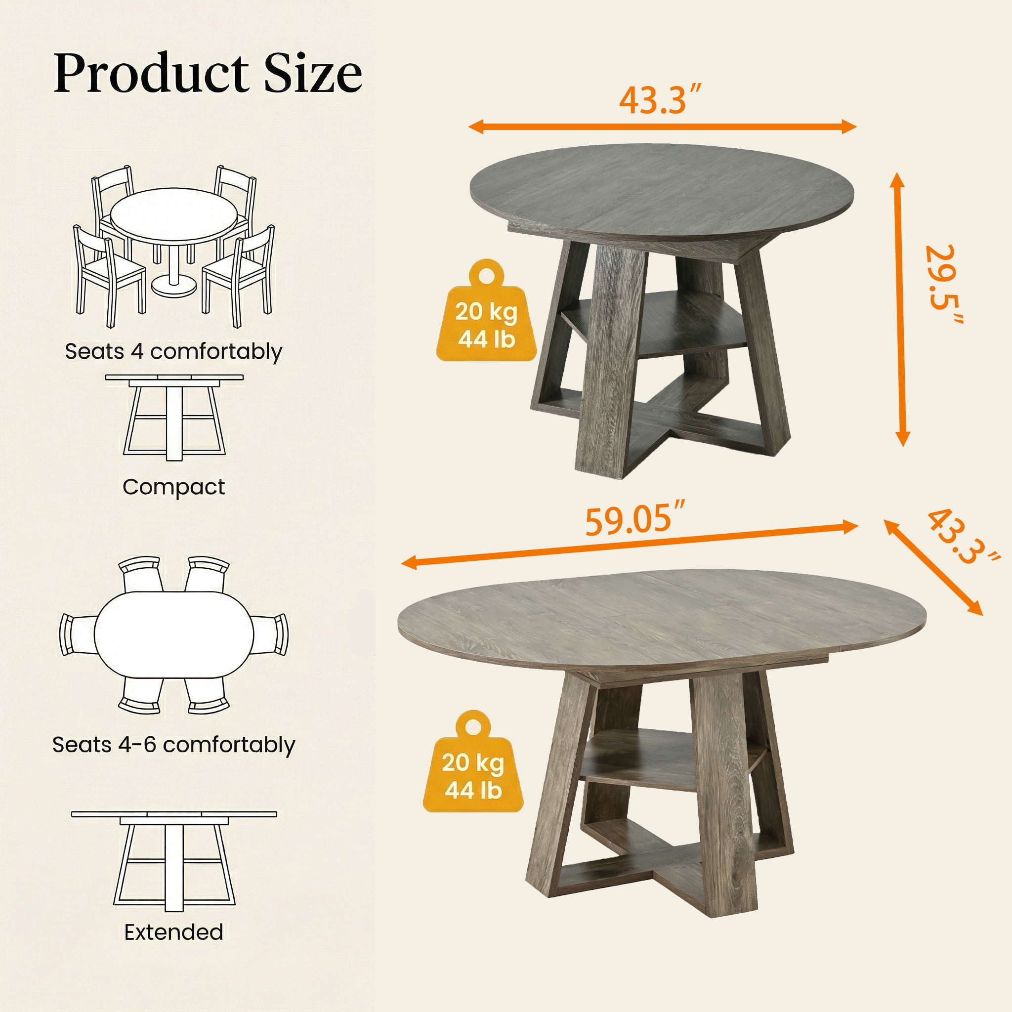 Miniyam Extendable Round Dining Table for 4–8 People, 43.3” to 59” Retractable Kitchen Table with Storage Shelf, Farmhouse Dining Table, Gray
