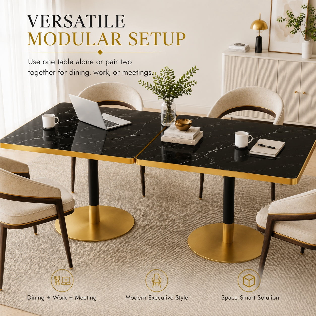 Aukfa 31.5" Square Dining Table for 2-4, Marble-Look Sintered Stone Top, Gold Pedestal Base, Small Spaces,Black Onyx