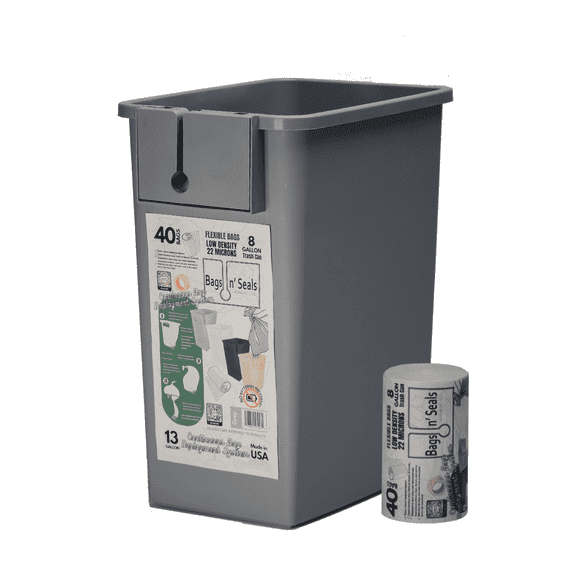 Bags n' Seals Plastic Trash Can Grey, 35-Q 8.75-Gal and 3- 40 Count bag rolls (120 Bags) With Bag Sealing Mechanism and Trash Bag Deployment System, Wastebasket, Standard Replacement Trash Can