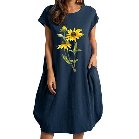 

Casual Sunflower Graphic Dresses for Women Short Sleeve Batwing Dresses with Pockets O Neck Summer Dress