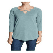 Eddie Bauer Ladies Lace-up neck detail Shirt-tail hem Cross-Front ¾ Sleeve Tunic S/Sea Blue