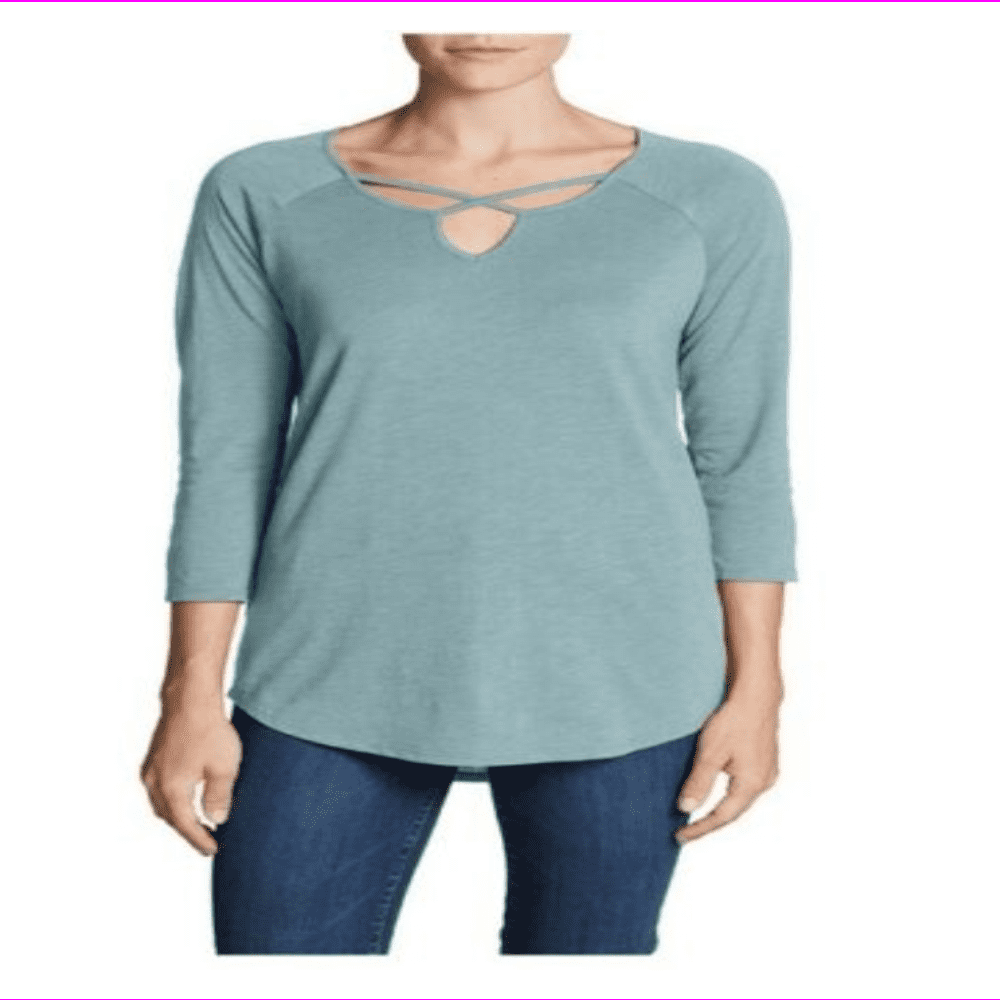 Eddie Bauer Ladies Lace-up neck detail Shirt-tail hem Cross-Front ¾ Sleeve Tunic S/Sea Blue