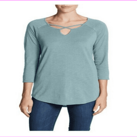 Eddie Bauer Ladies Lace-up neck detail Shirt-tail hem Cross-Front ¾ Sleeve Tunic S/Sea Blue