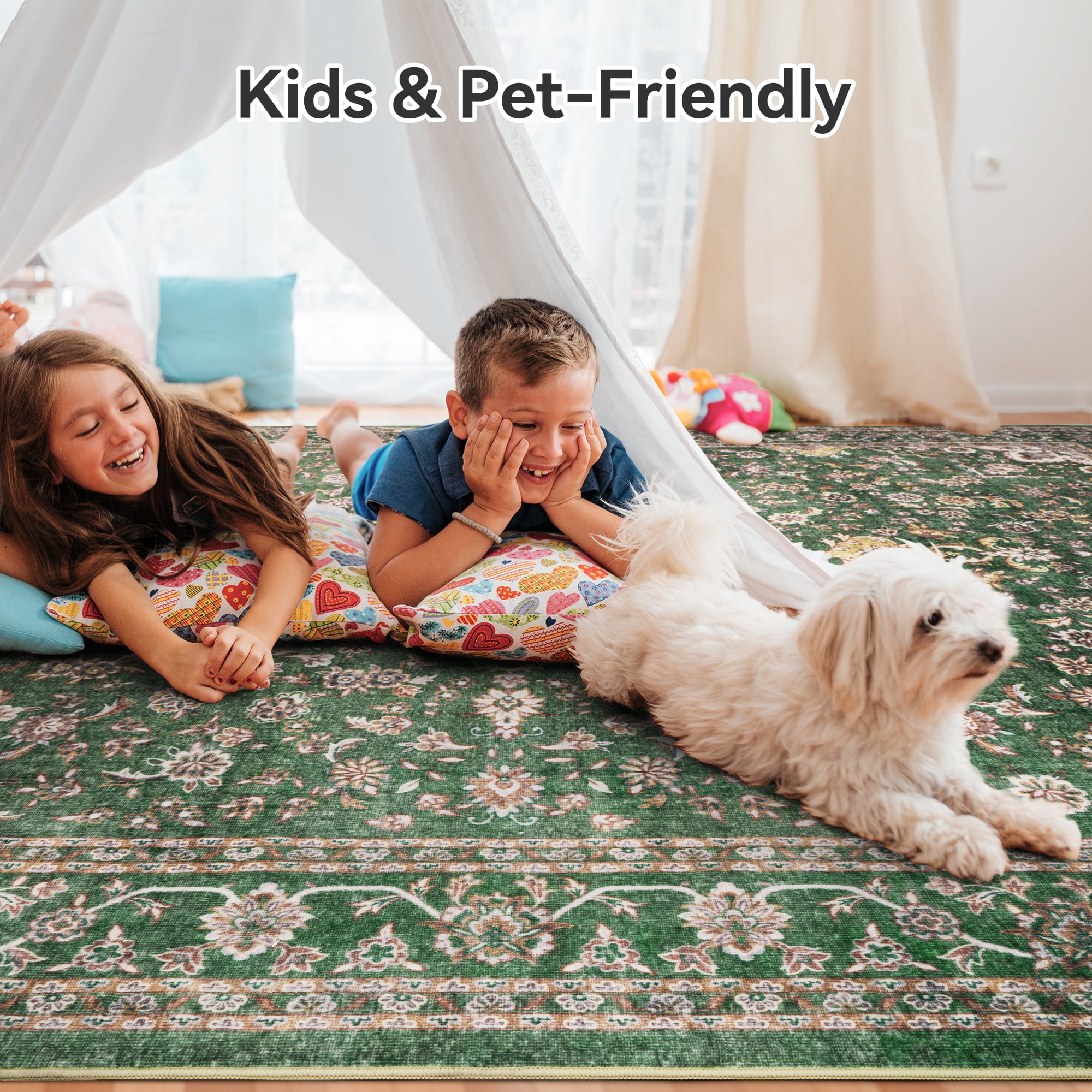 SIXHOME 9x12 Feet Washable Non-Slip Area Rug - Traditional Distressed Vintage Green Rug with Retro Floral Design, Ultra-Soft Indoor Large Carpet for Living Room, Bedroom, Dining Room