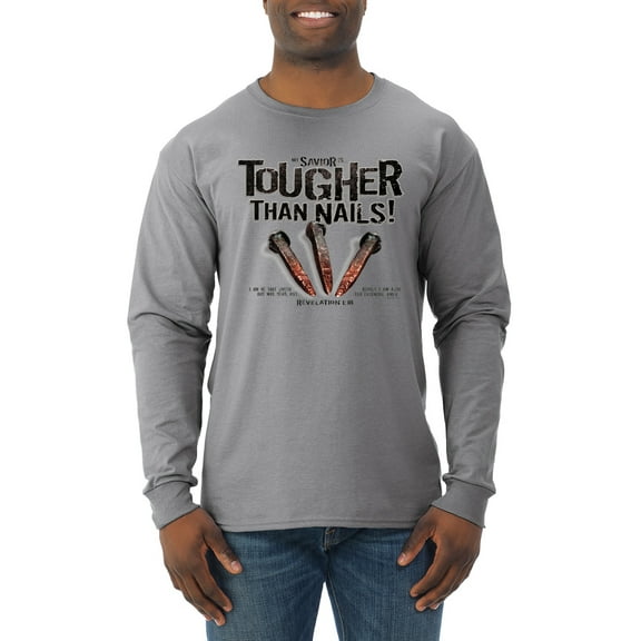 My Savior is Tougher than Nails Bible Verse | Male Inspirational/Christian Long Sleeve T-Shirt, Heather Grey, Small