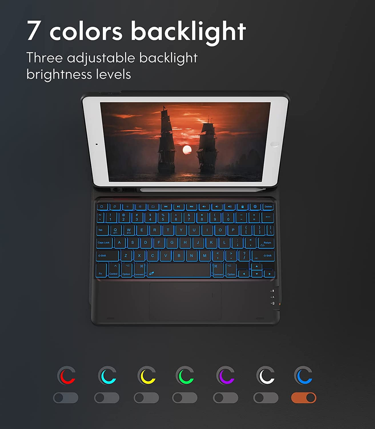 CHESONA Keyboard Case Compatible with iPad 10.2" 9th 8th 7th Generation, 7-Color Backlit, Smart Touchpad, 2 Bluetooth Channels, Grey
