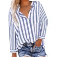 thumbnail image 3 of BiZtdJrK Women Long Sleeve Shirts Loose Lapel Blouses Tops Trendy Stripe Button Down Shirt Casual Linen Lightweight Lapel Tee Shirts Sky Blue M, 3 of 7