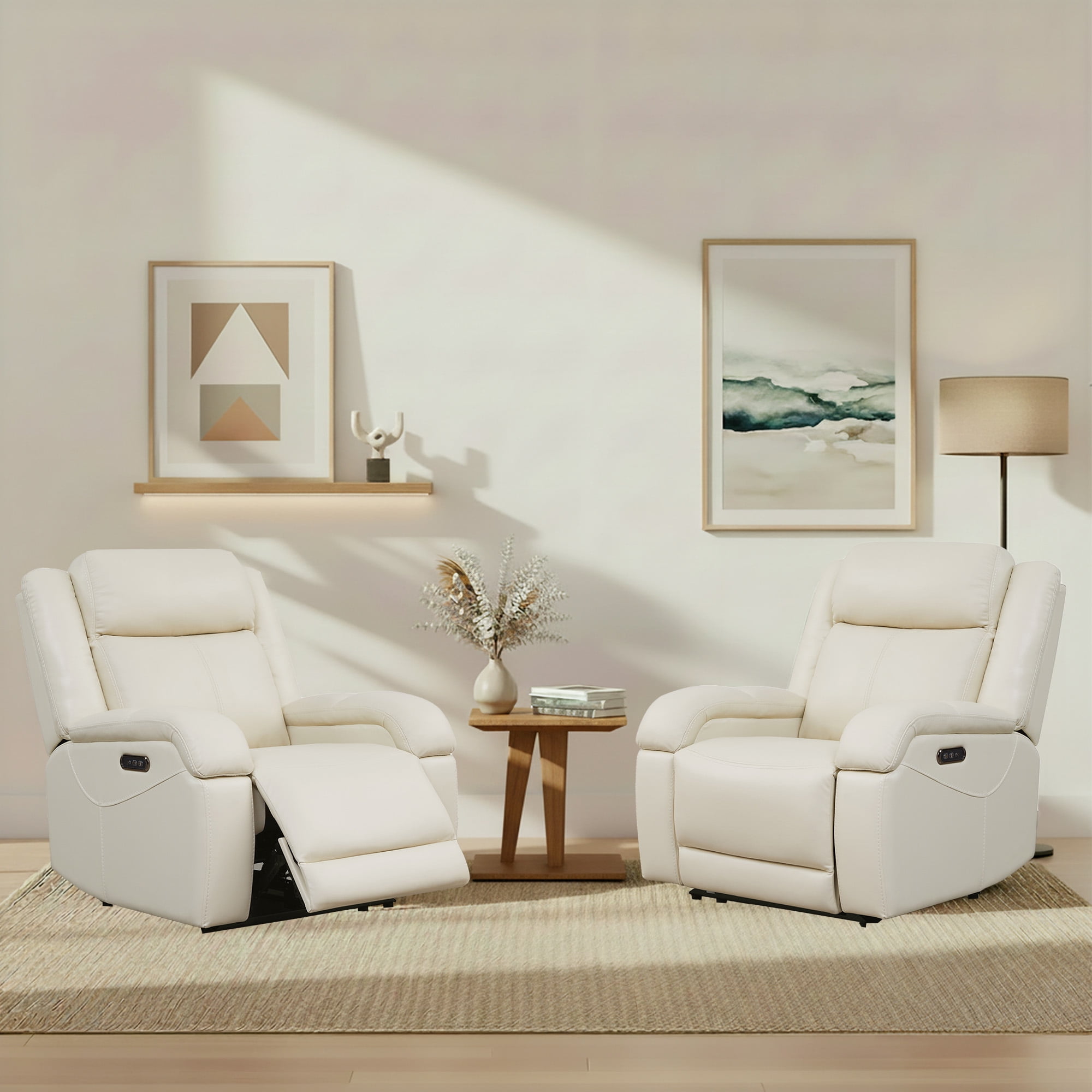 Spruce & Spring Genuine Leather Wall Hugger Power Recliner with Dual Motors, Cream-Medium