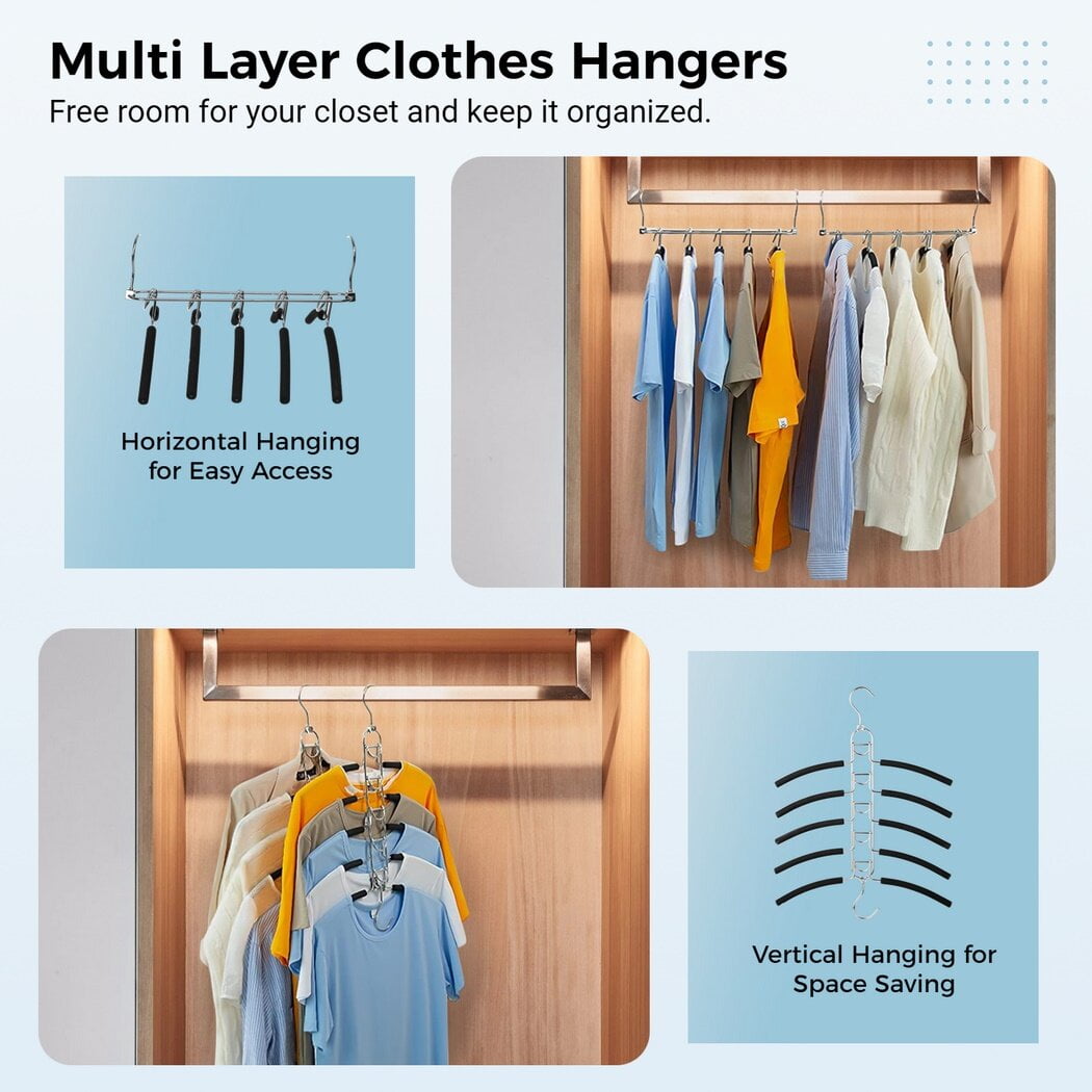 Space Saving Clothes Hangers, 2PCS 5 in 1 Multi-Layer Metal Clothes Hangers, Non-Slip Foam Padded Clothes Racks, Detachable Closet Organizers for Shirts, Sweaters, Suits, Coats, Pants