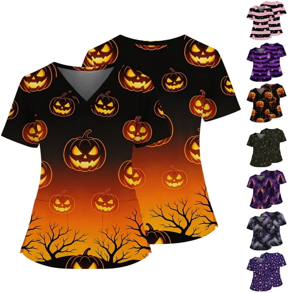Halloween Scrub Top for Women Plus Size Stretch V-Neck Fun Printed Scrubs Top Medical Uniforms with Pocket