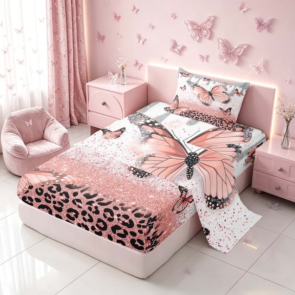 Homewish Pink Butterfly Twin Sheets for Girls, Glitter Leopard Print Bedding, 3-Piece (1 Flat Sheet, 1 Fitted Sheet and 1 Pillowcase)